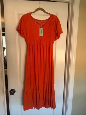 Ruche Orange V-Neck Smocked Maxi Dress